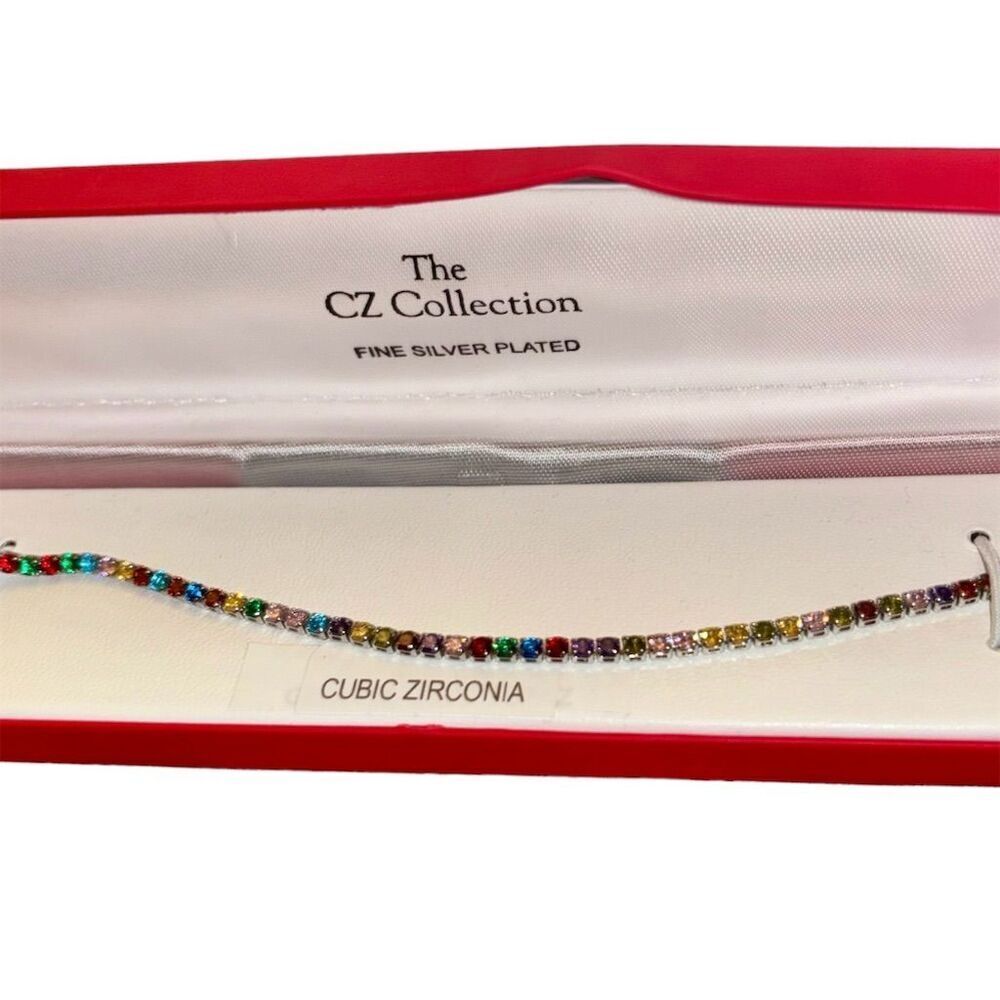 Elegant Silver-Plated Multi-Color CZ Tennis Bracelet 7.25" with Secure Clasp - Picture 3 of 4